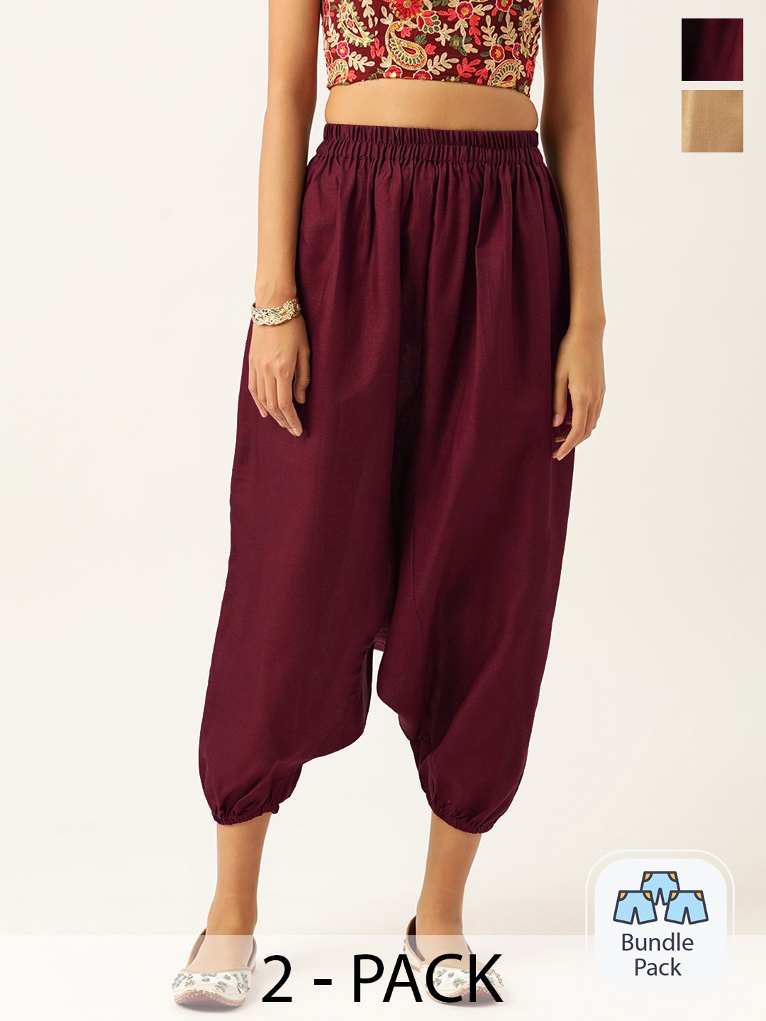 

Molcha Women Pack Of 2 Loose-Fit Cotton Mid-Rise Harem Pants, Maroon