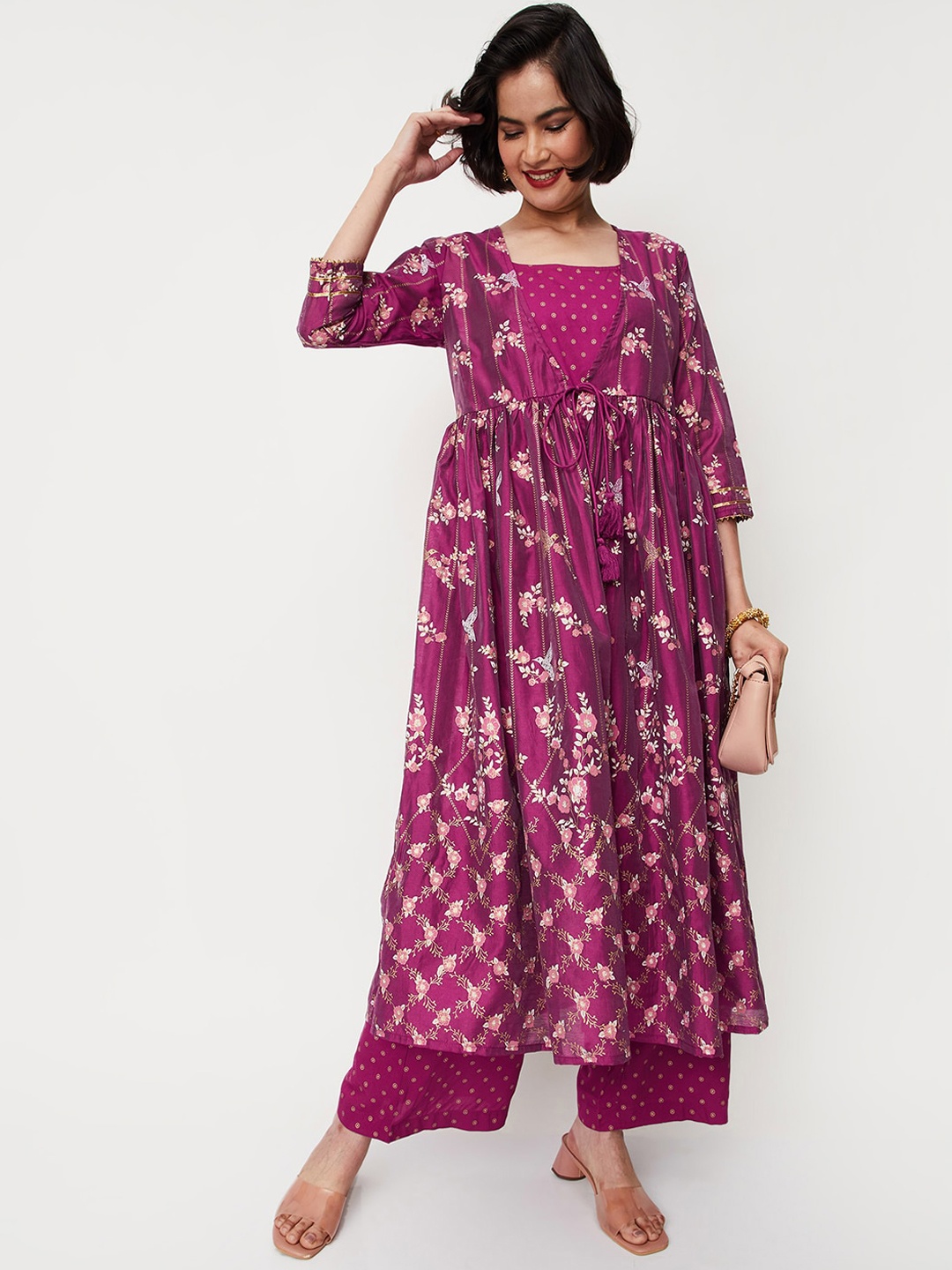 

max Floral Printed Regular Kurta with Palazzos, Pink