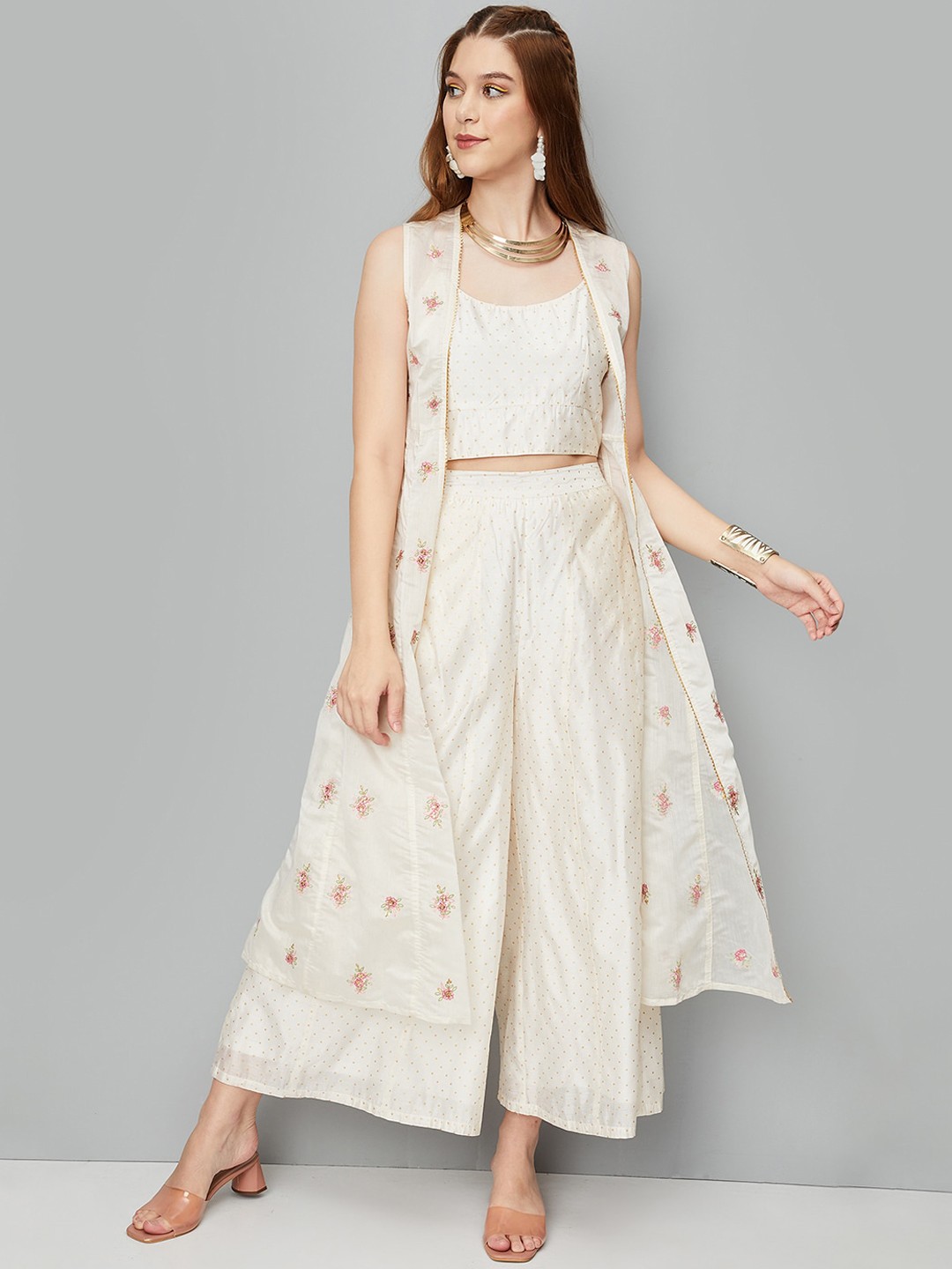 

max Polka Dots Printed Top With Palazzos & Shrug, Beige