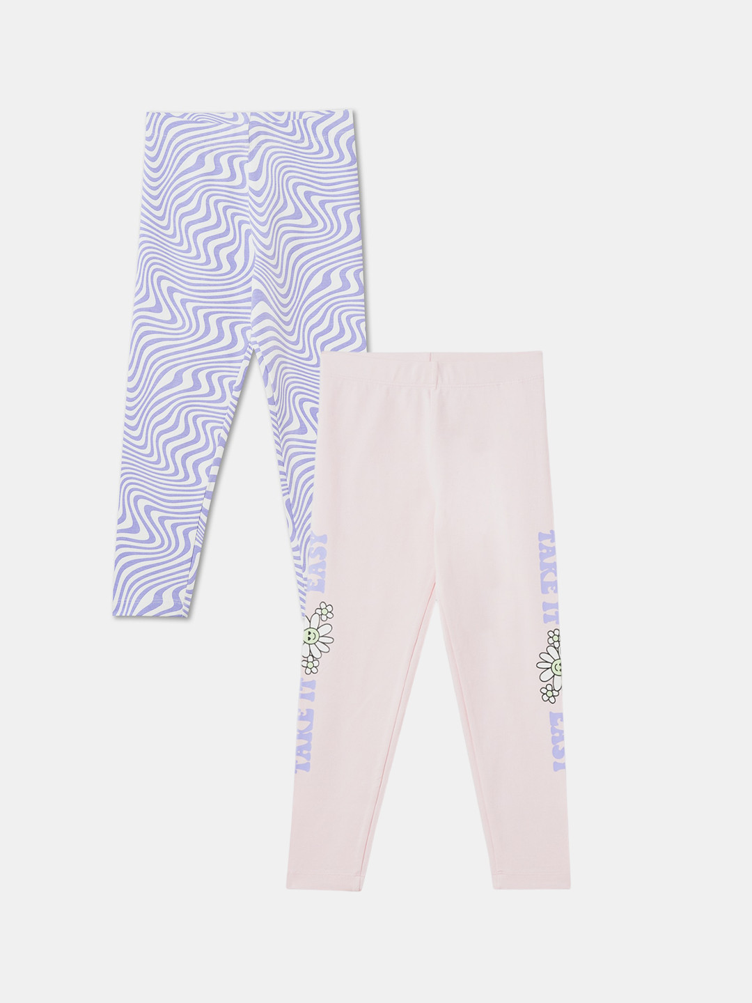 

R&B Girls Pack Of 2 Printed Angle Length Cotton Leggings, Blue
