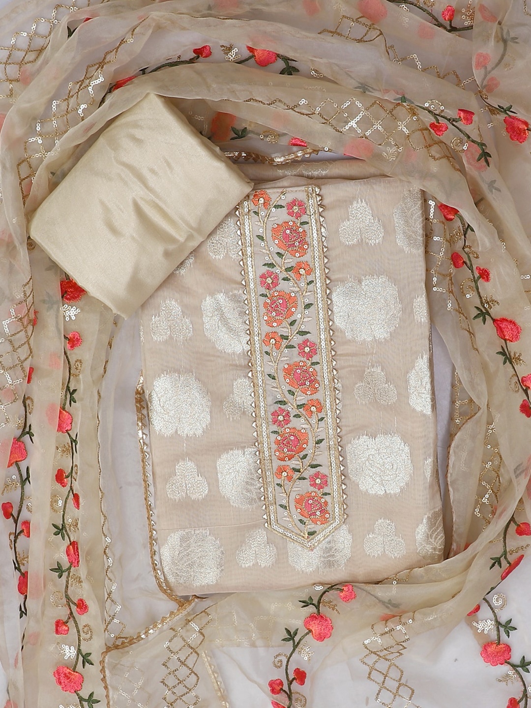 

SALWAR STUDIO Woven Design Pure Cotton Unstitched Dress Material, Cream