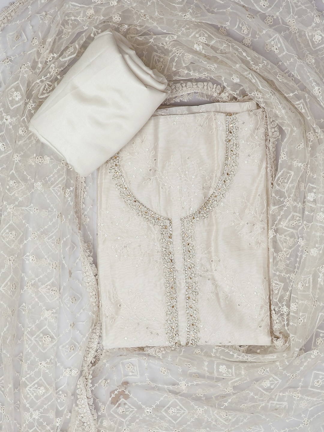 

SALWAR STUDIO Embellished Pure Cotton Unstitched Dress Material, Off white