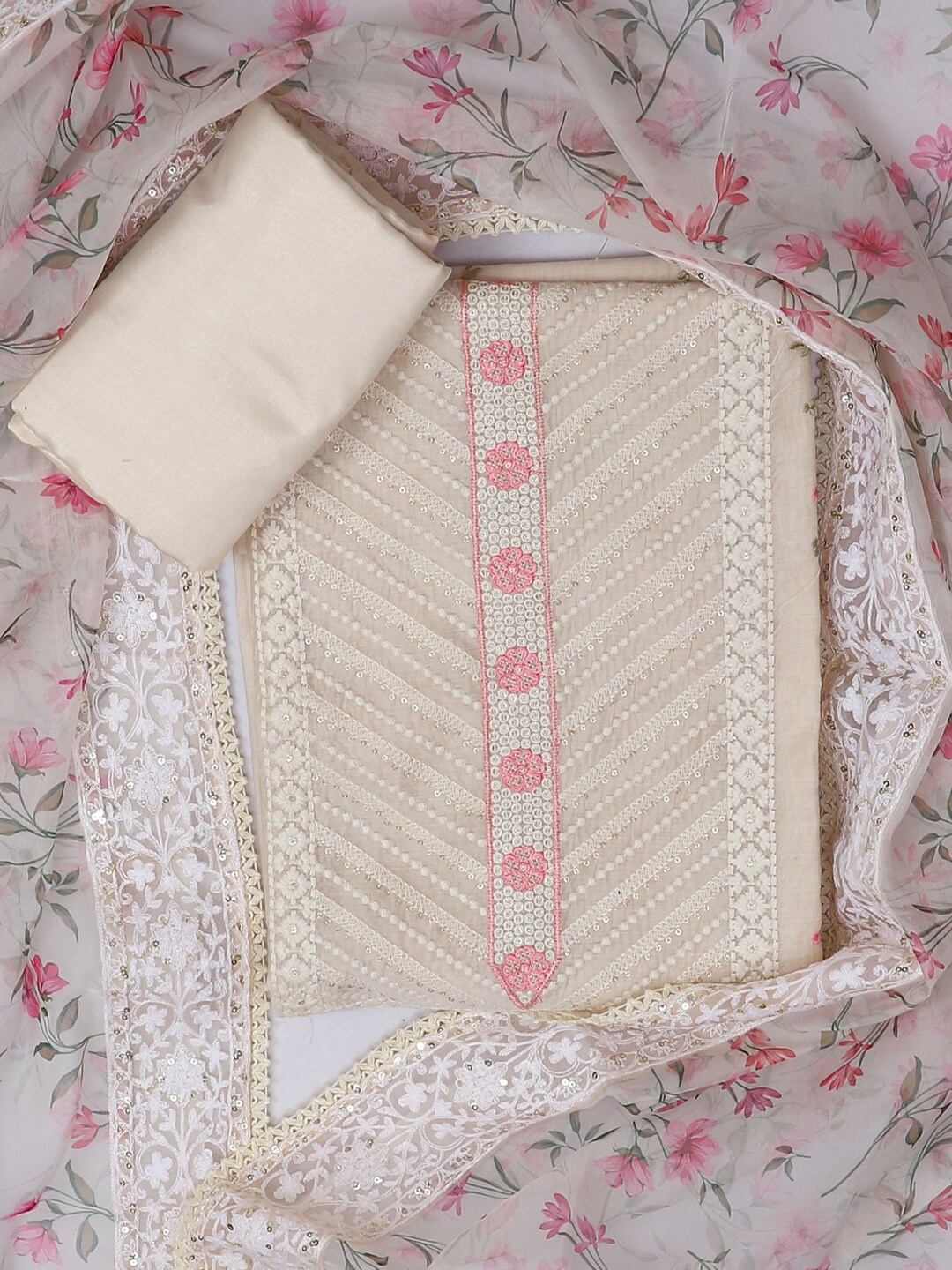 

SALWAR STUDIO Floral Embroidered Pure Cotton Unstitched Dress Material, Cream