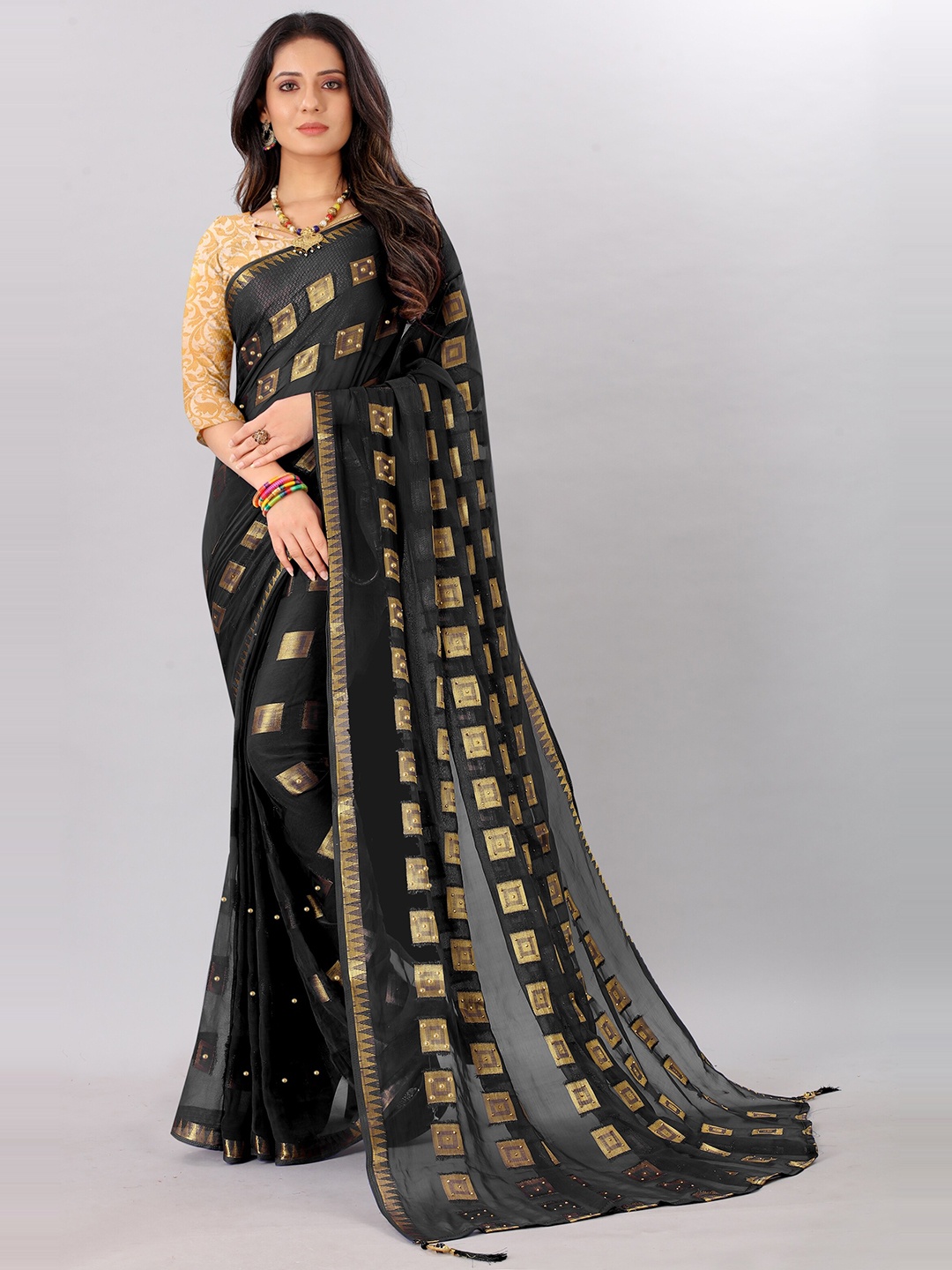 

Rhey Geometric Woven Design Beads and Stones Pure Chiffon Banarasi Saree, Black