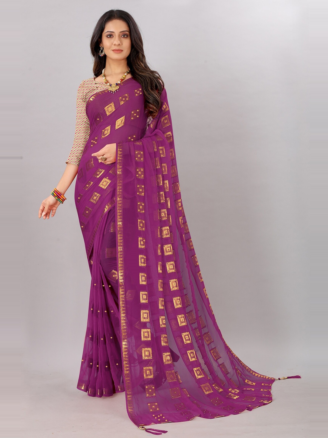 

Rhey Ethnic Motifs Woven Design Zari Pure Chiffon Banarasi Saree, Purple