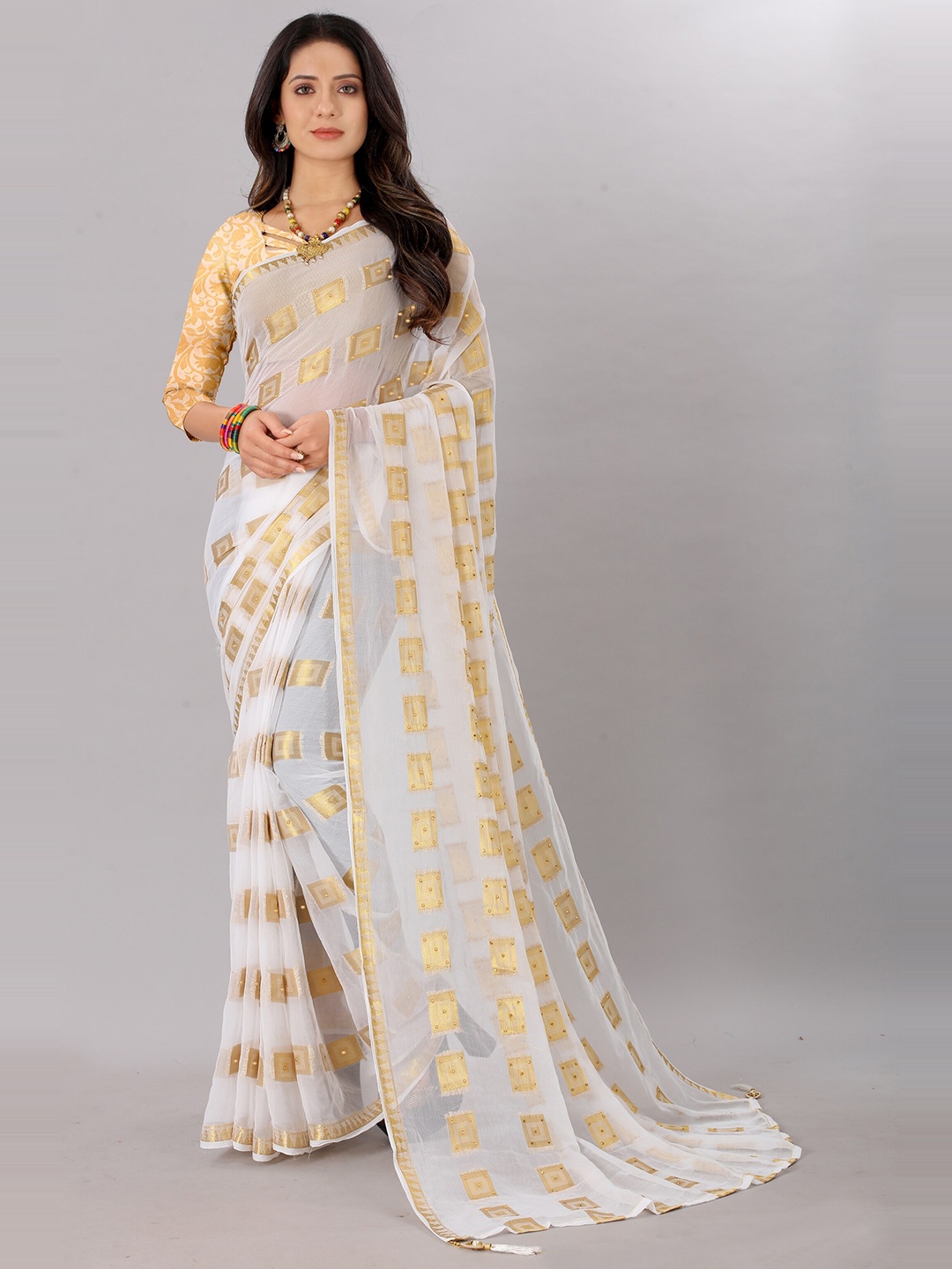 

Rhey Woven Design Beads and Stones Pure Chiffon Banarasi Saree, White