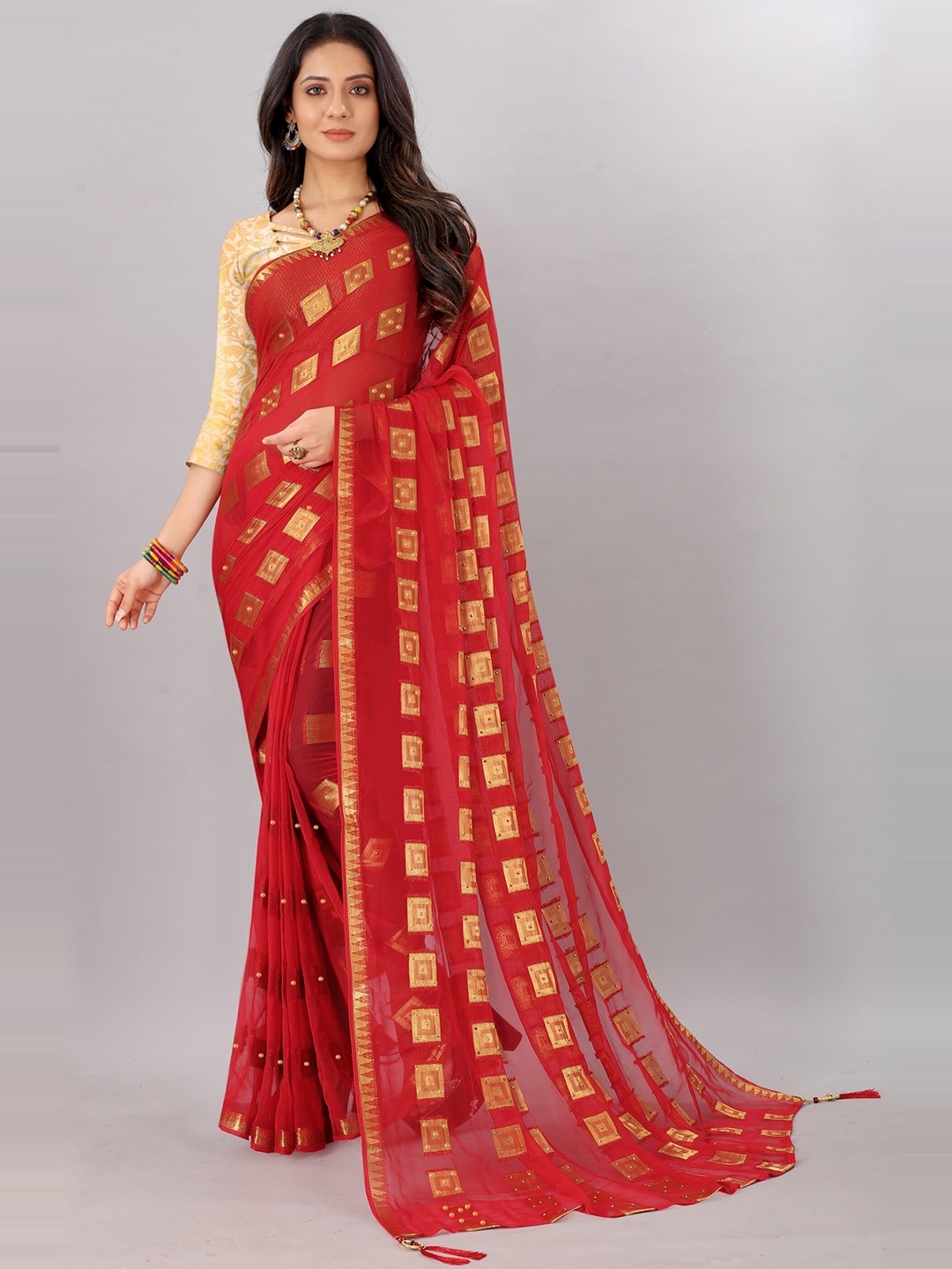 

Rhey Woven Design Geometric Beads And Stones Pure Chiffon Banarasi Saree, Red