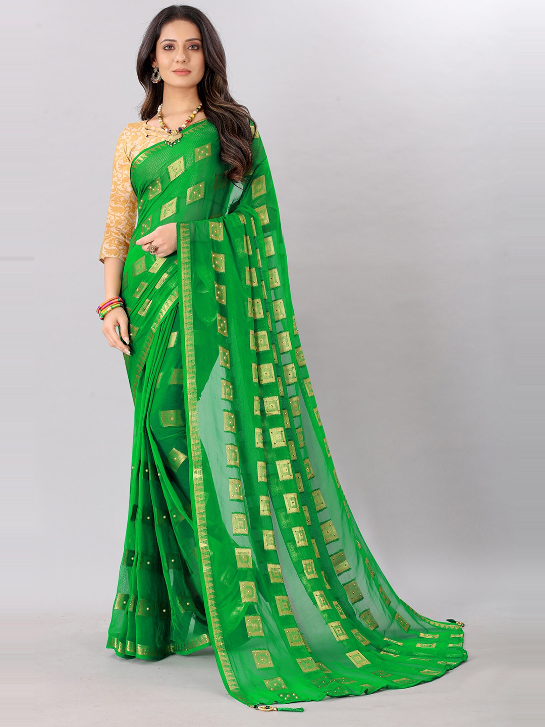 

Rhey Woven Design Beads & Stones Pure Chiffon Banarasi Saree, Green