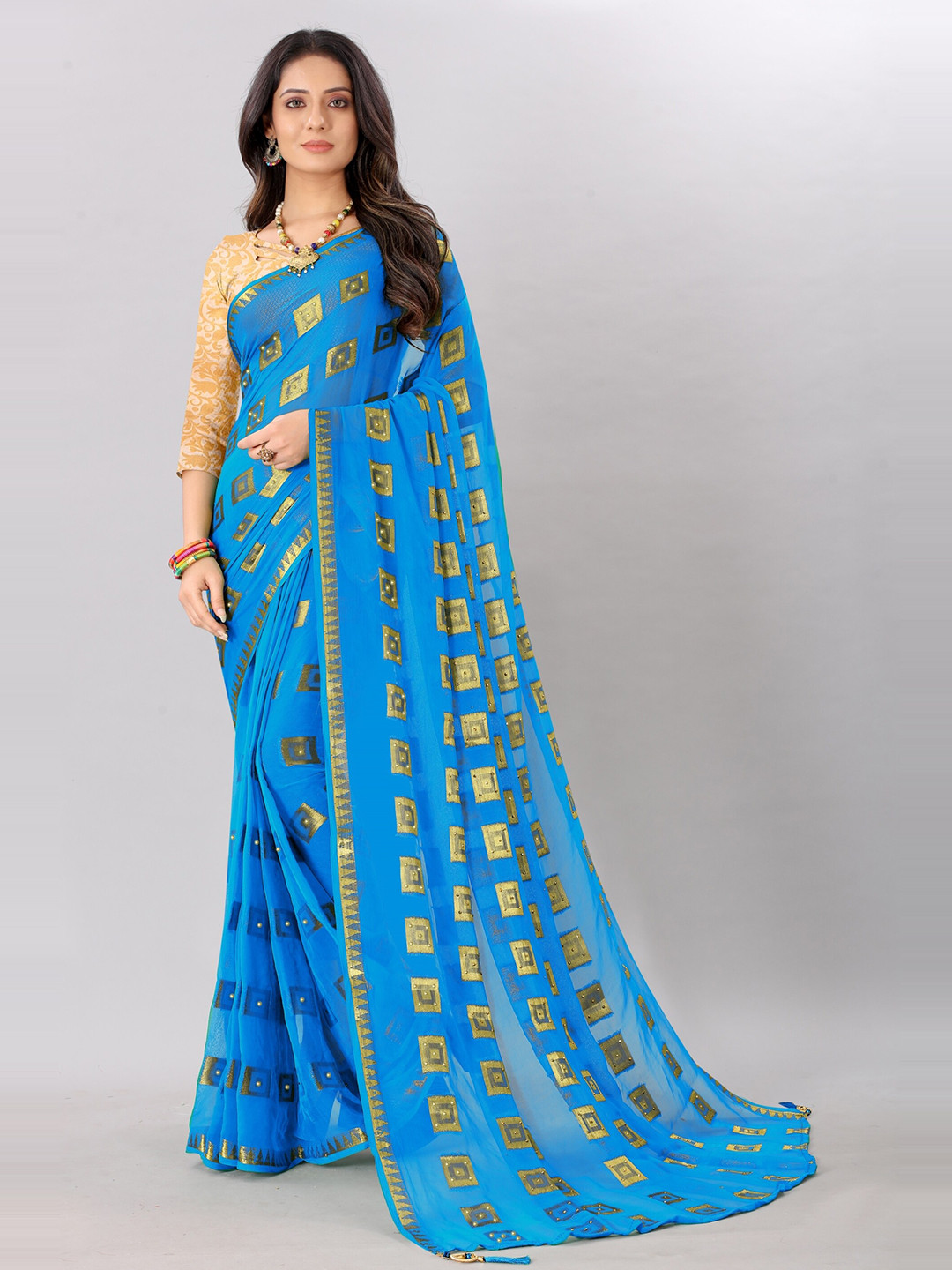 

Rhey Woven Design Beads and Stones Pure Chiffon Banarasi Saree, Turquoise blue