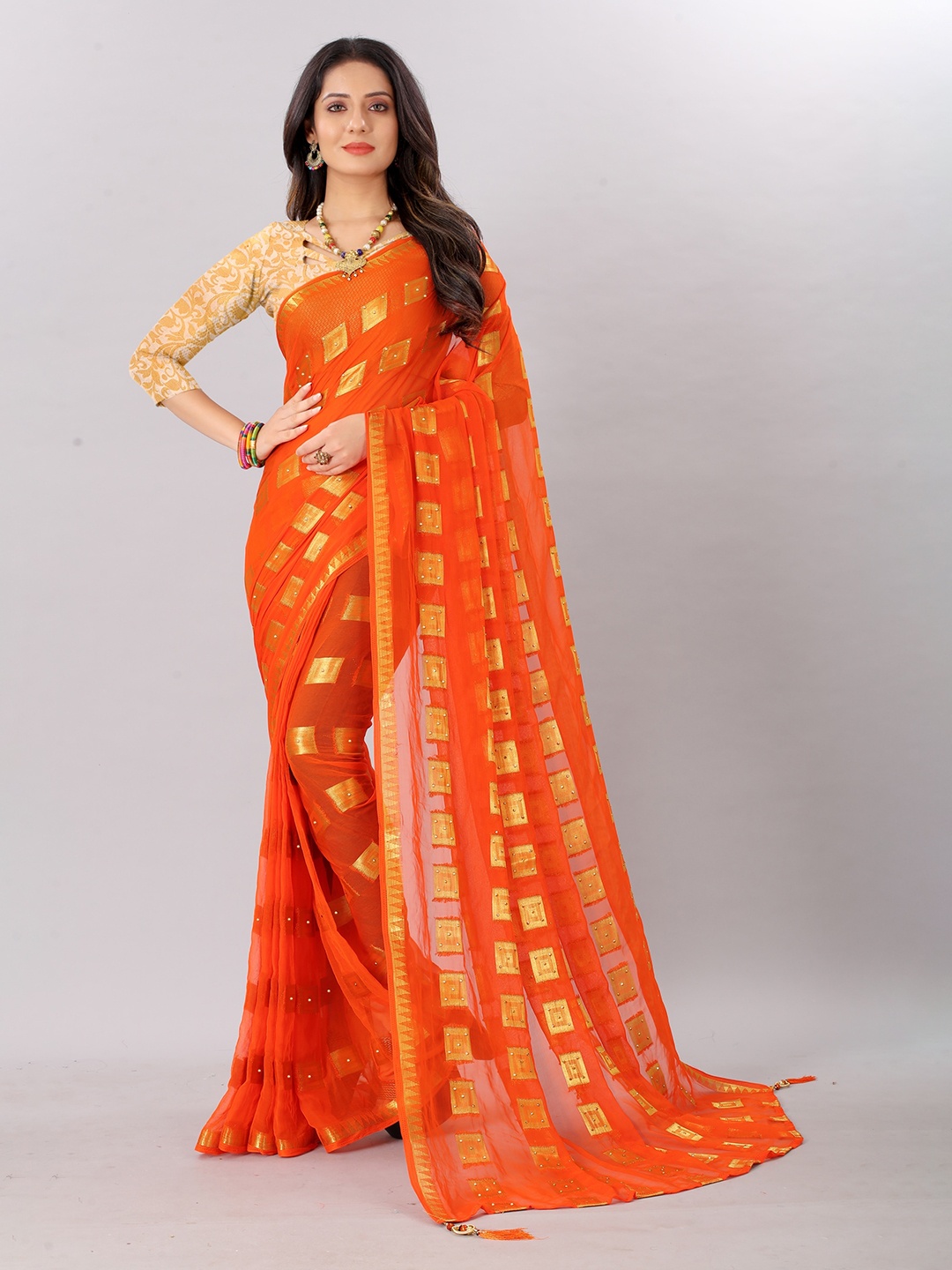 

Rhey Woven Design Geometric Beads And Stones Pure Chiffon Banarasi Saree, Orange