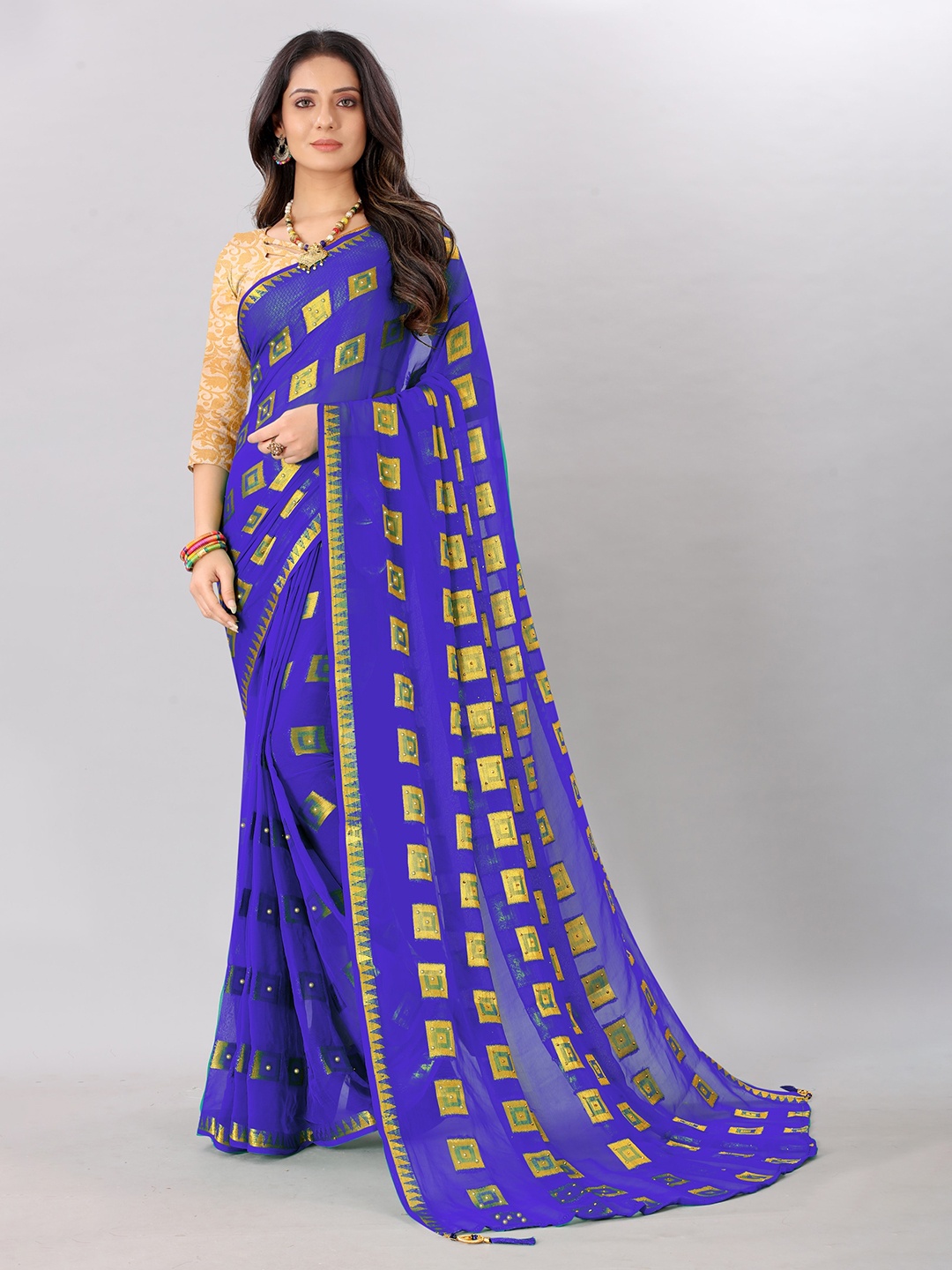 

Rhey Woven Design Beads & Stones Pure Chiffon Banarasi Saree, Blue