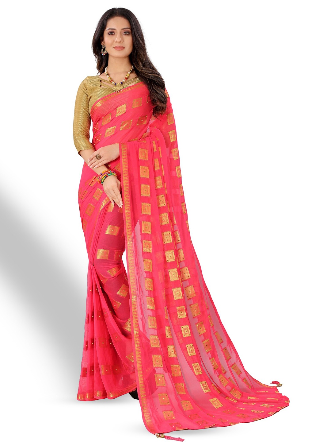 

Rhey Geometric Woven Design Beads And Stones Embellished Pure Chiffon Saree, Pink