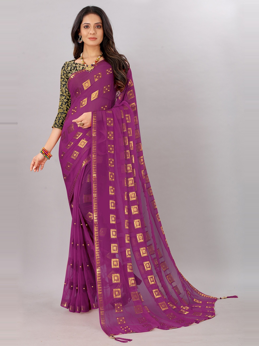 

Rhey Geometric Woven Design Beads And Stones Embellished Pure Chiffon Saree, Purple