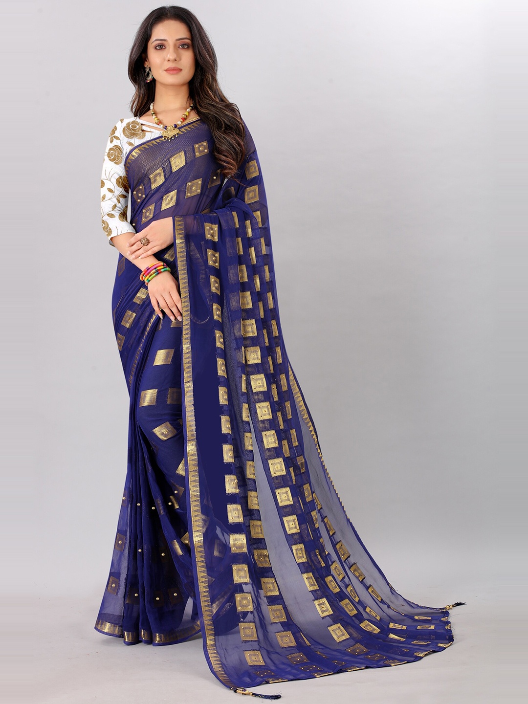 

Rhey Woven Design Geometric Zari Pure Chiffon Saree, Navy blue