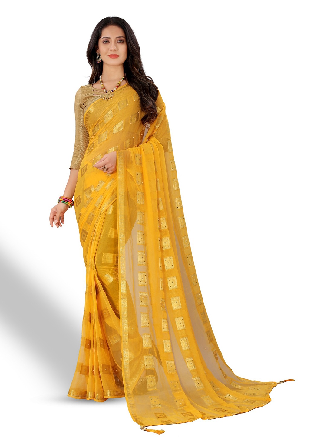 

Rhey Geometric Woven Design Beads and Stones Pure Chiffon Banarasi Saree, Yellow