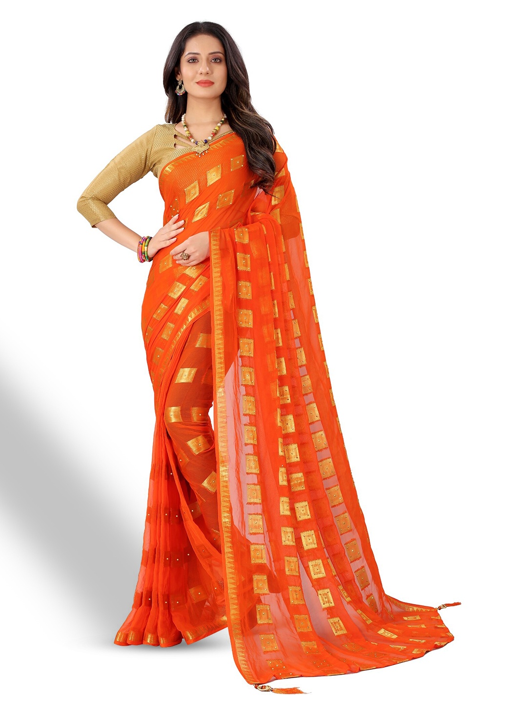 

Rhey Woven Design Zari Pure Chiffon Banarasi Saree, Orange