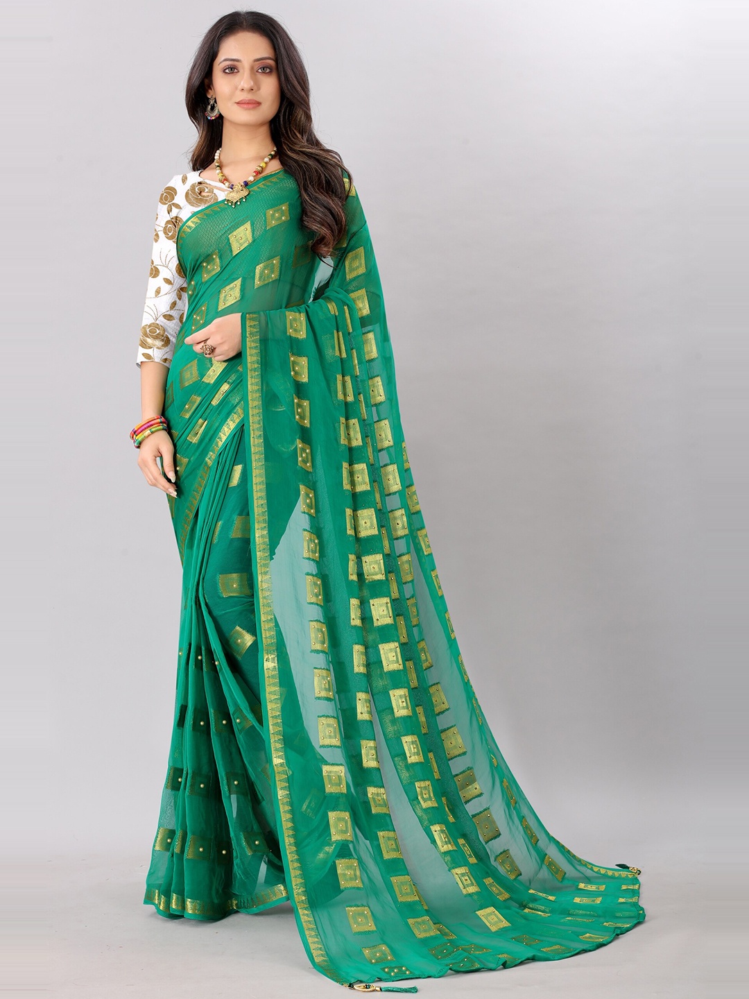 

Rhey Geometric Woven Design Zari Pure Chiffon Banarasi Saree, Green
