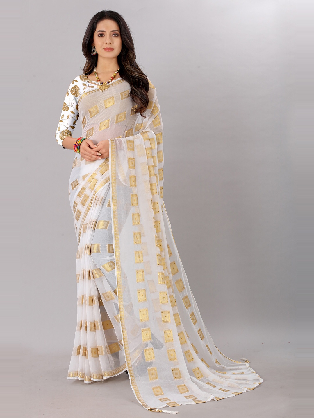 

Rhey Ethnic Motifs Woven Design Beads and Stones Pure Chiffon Banarasi Saree, White