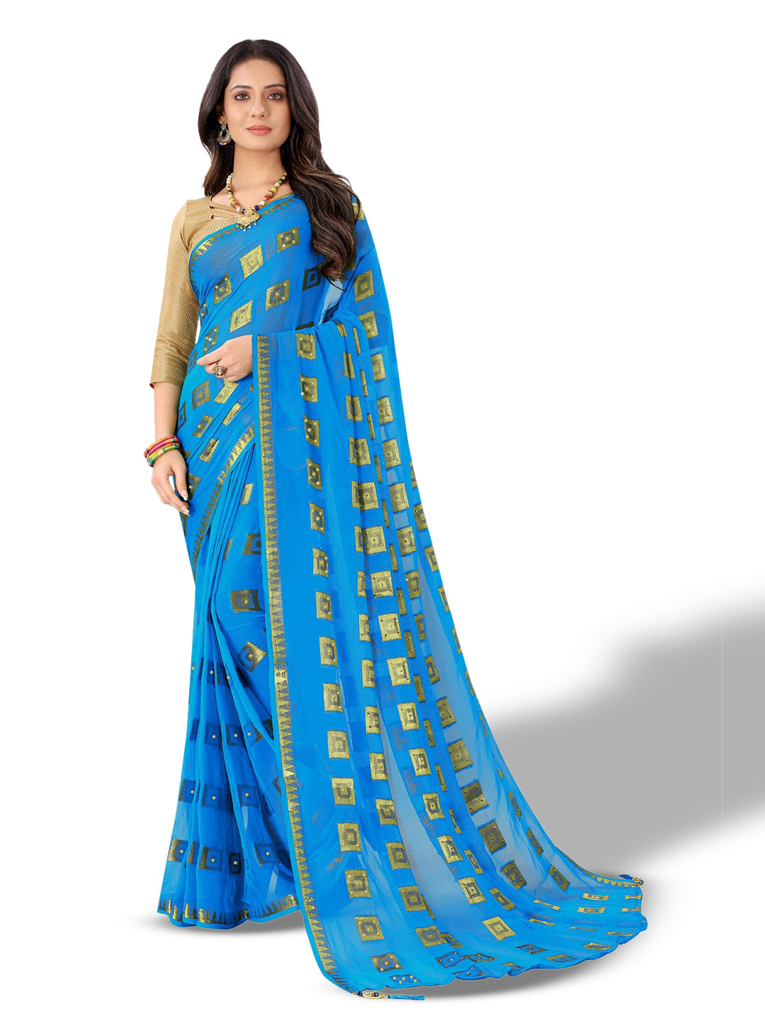 

Rhey Woven Design Beads & Stones Pure Chiffon Banarasi Saree, Turquoise blue