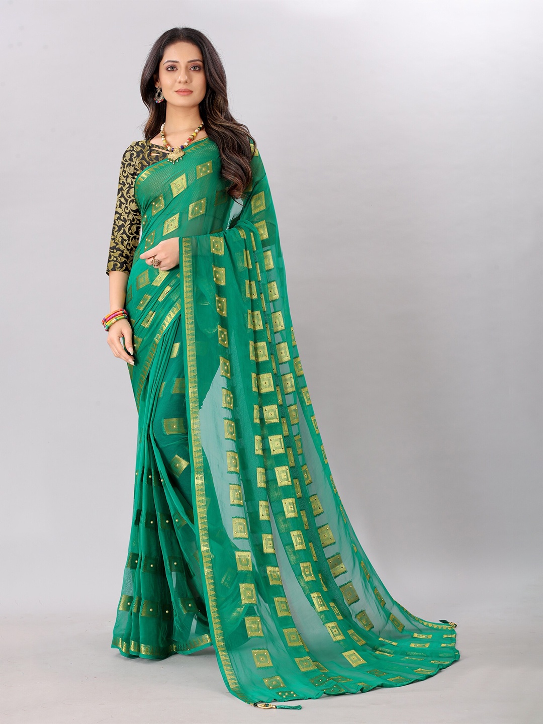 

Rhey Woven Design Beads And Stones Embellished Pure Chiffon Saree, Green