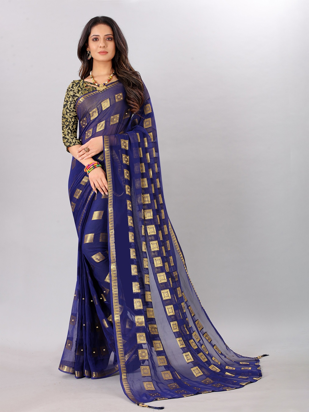 

Rhey Woven Design Beads and Stones Pure Chiffon Banarasi Saree, Navy blue