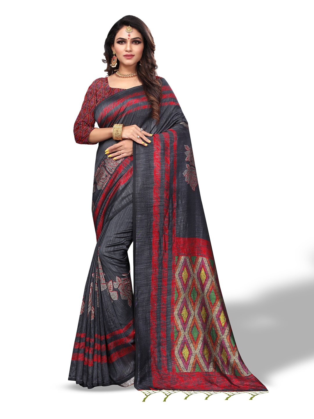 

Rhey Floral Printed Art Silk Saree, Black