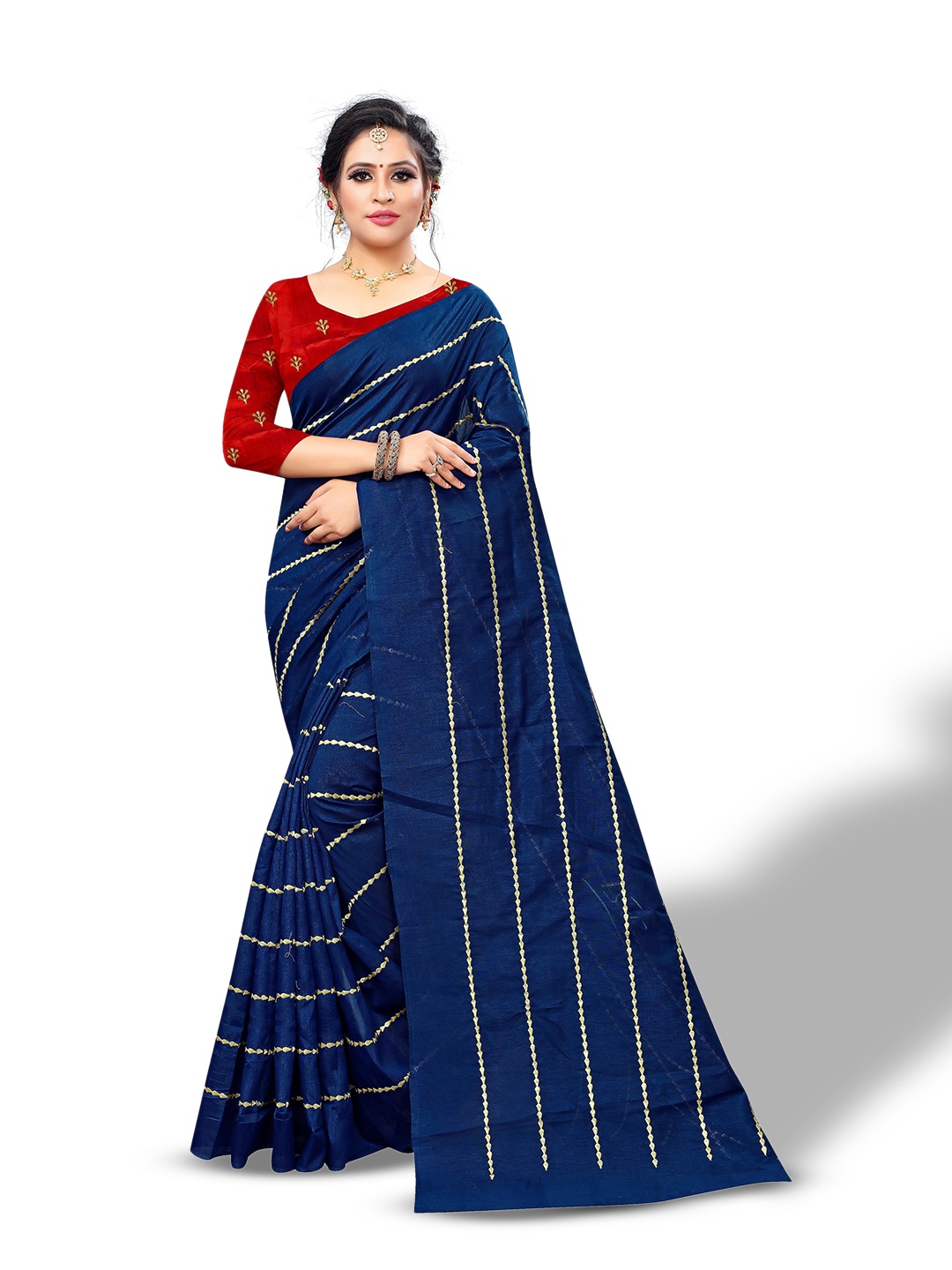 

Rhey Striped Embroidered Saree, Navy blue