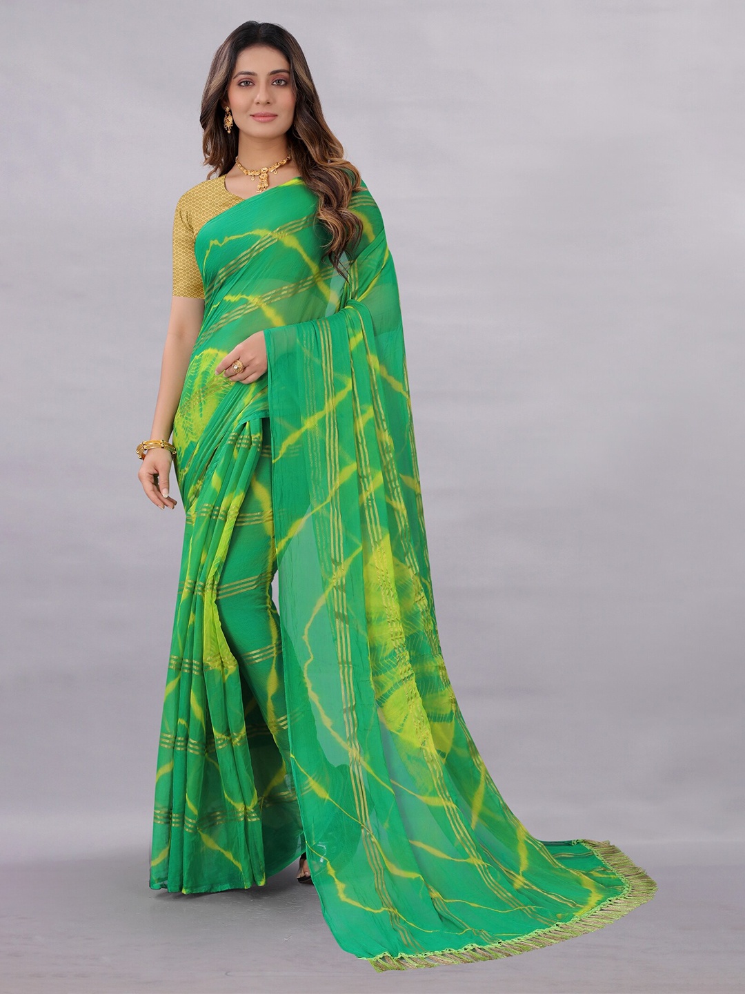 

Rhey Zari Poly Chiffon Bandhani Saree, Green