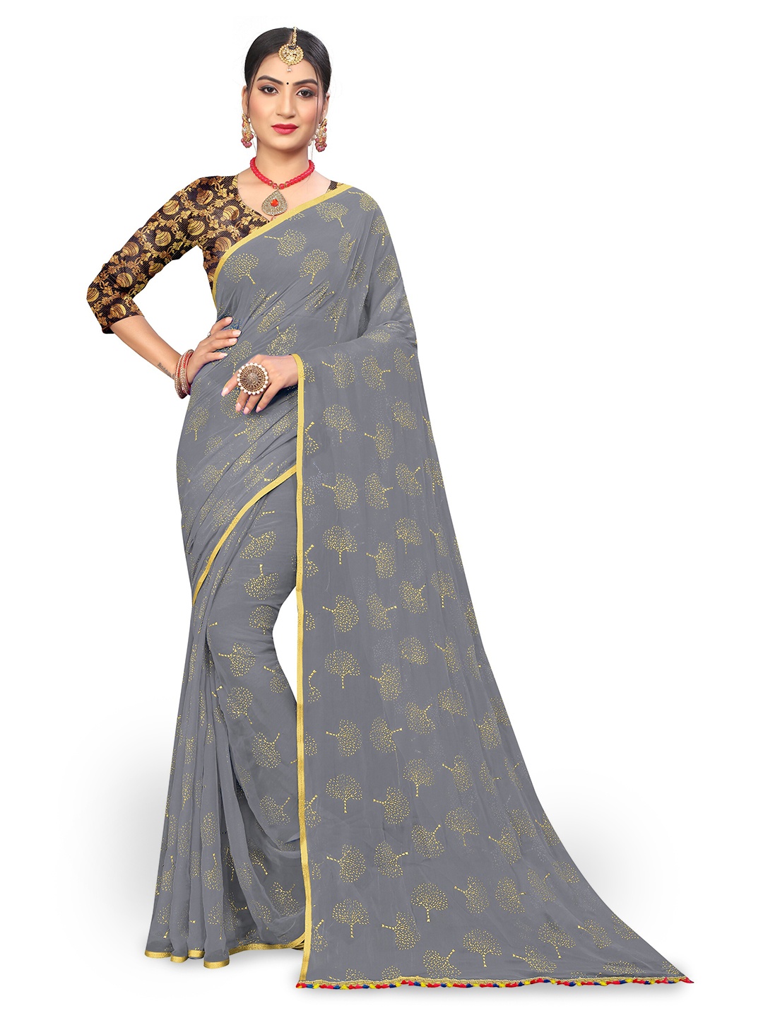 

Rhey Floral Printed Poly Chiffon Saree, Grey