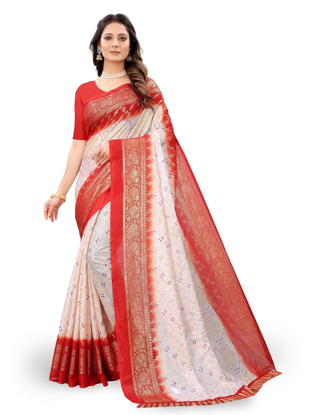 

Rhey Bandhni Woven Design Zari Silk Blend Bandhni Saree, White