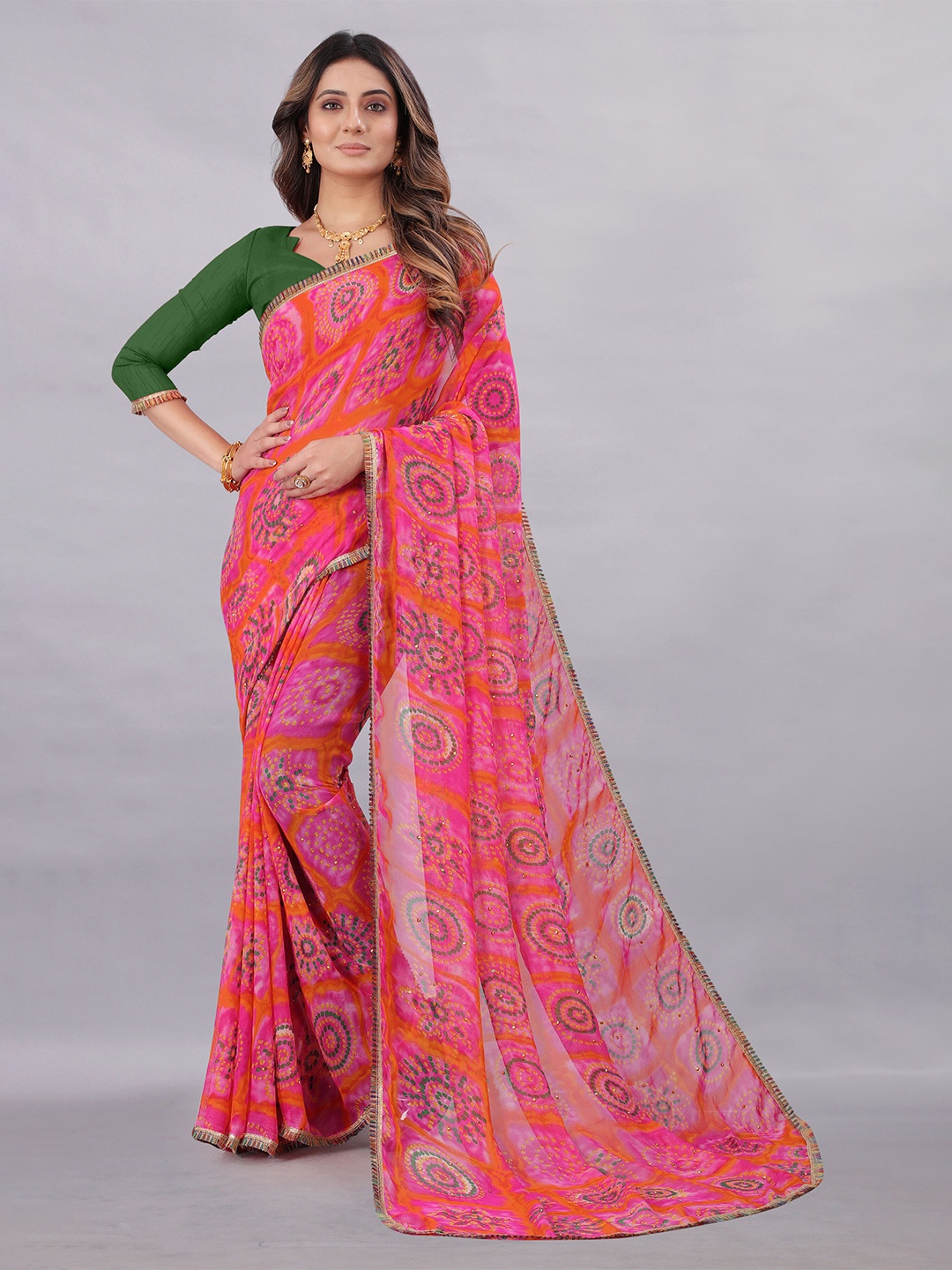 

Rhey Bandhani Printed Poly Chiffon Saree, Pink