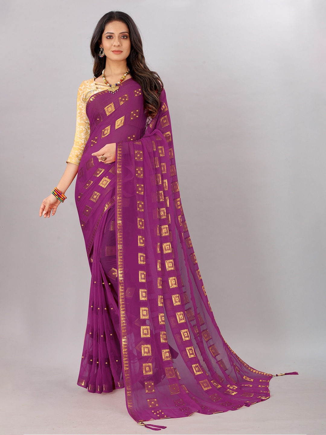 

Rhey Geometric Woven Design Beads And Stones Embellished Pure Chiffon Saree, Purple