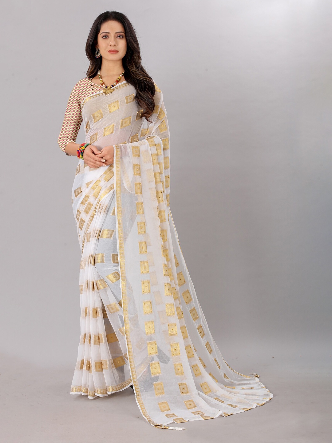 

Rhey Woven Design Beads and Stones Pure Chiffon Banarasi Saree, White