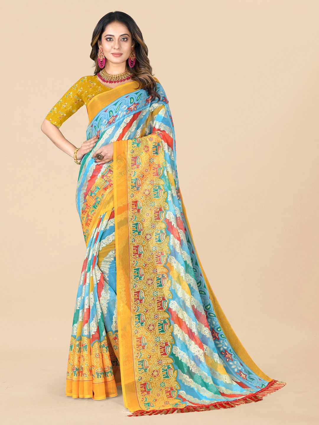 

Rhey Ethnic Motifs Printed Pure Chiffon Saree, Green