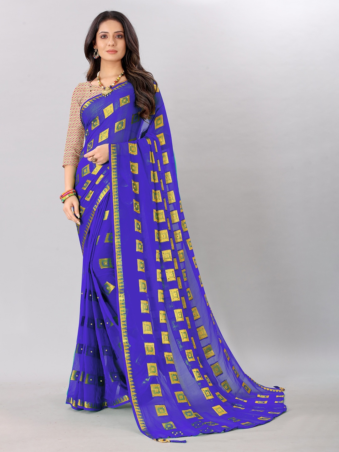 

Rhey Woven Design Beads and Stones Pure Chiffon Banarasi Saree, Blue