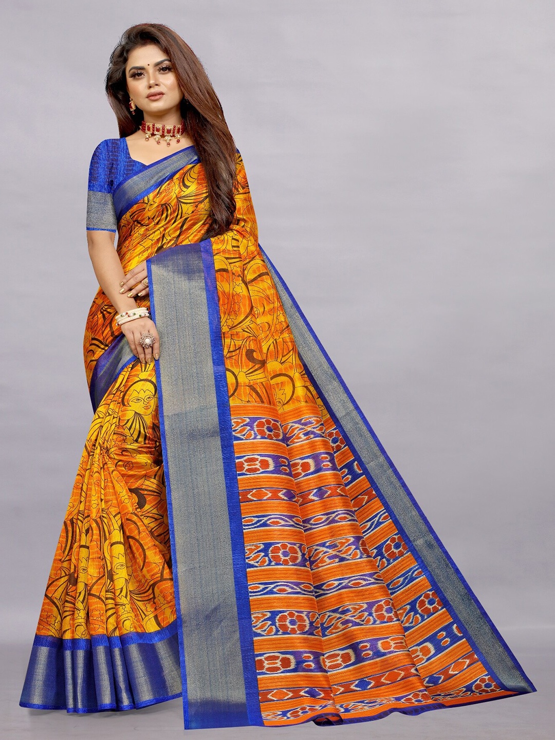 

Rhey Ethnic Motifs Printed Zari Silk Cotton Bhagalpuri Saree, Mustard