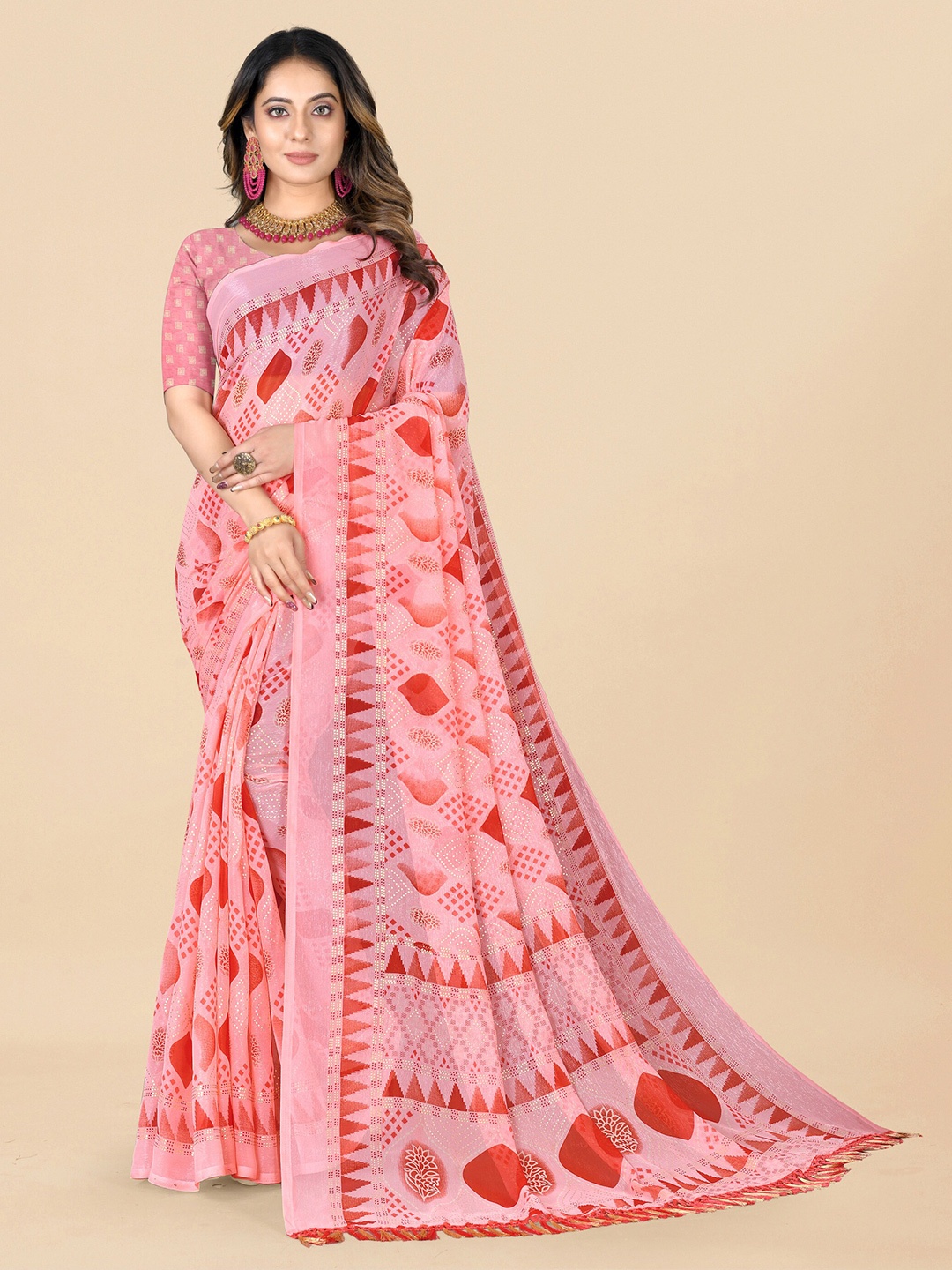 

Rhey Ethnic Motifs Printed Pure Chiffon Saree, Red