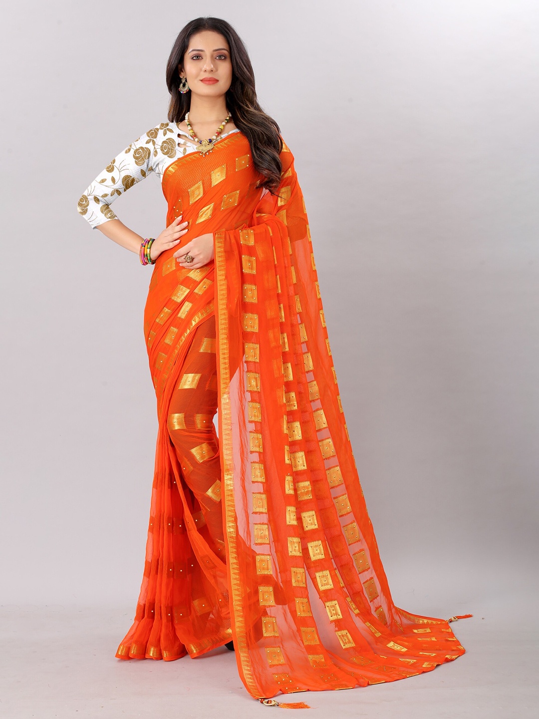 

Rhey Woven Design Geometric Beads And Stones Pure Chiffon Banarasi Saree, Orange