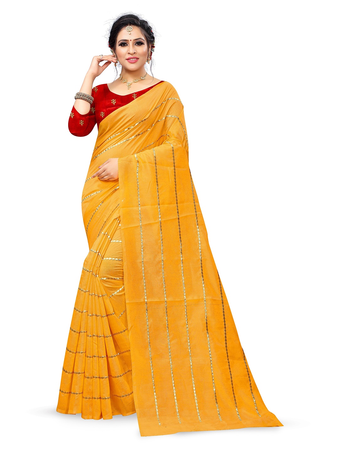 

Rhey Striped Embroidered Art Silk Saree, Yellow