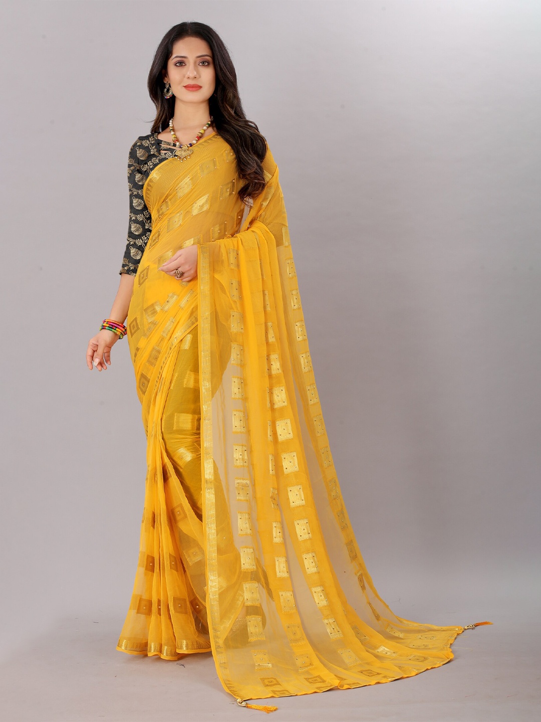 

Rhey Geometric Woven Design Beads And Stones Embellished Pure Chiffon Saree, Yellow