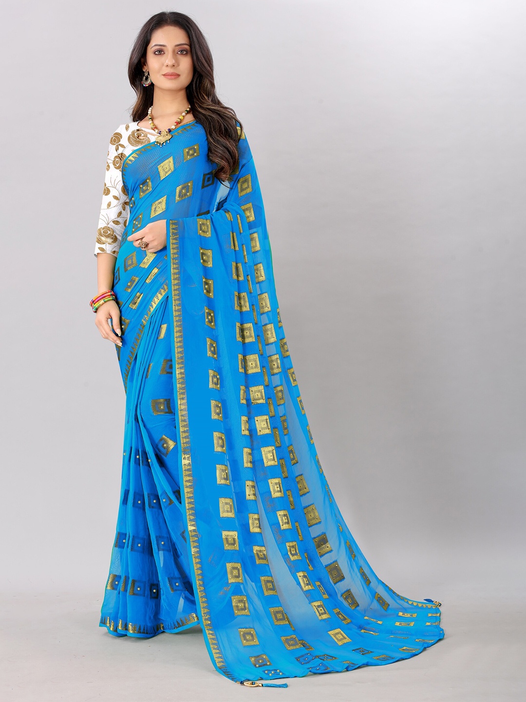 

Rhey Ethnic Motifs Woven Design Beads and Stones Pure Chiffon Banarasi Saree, Turquoise blue