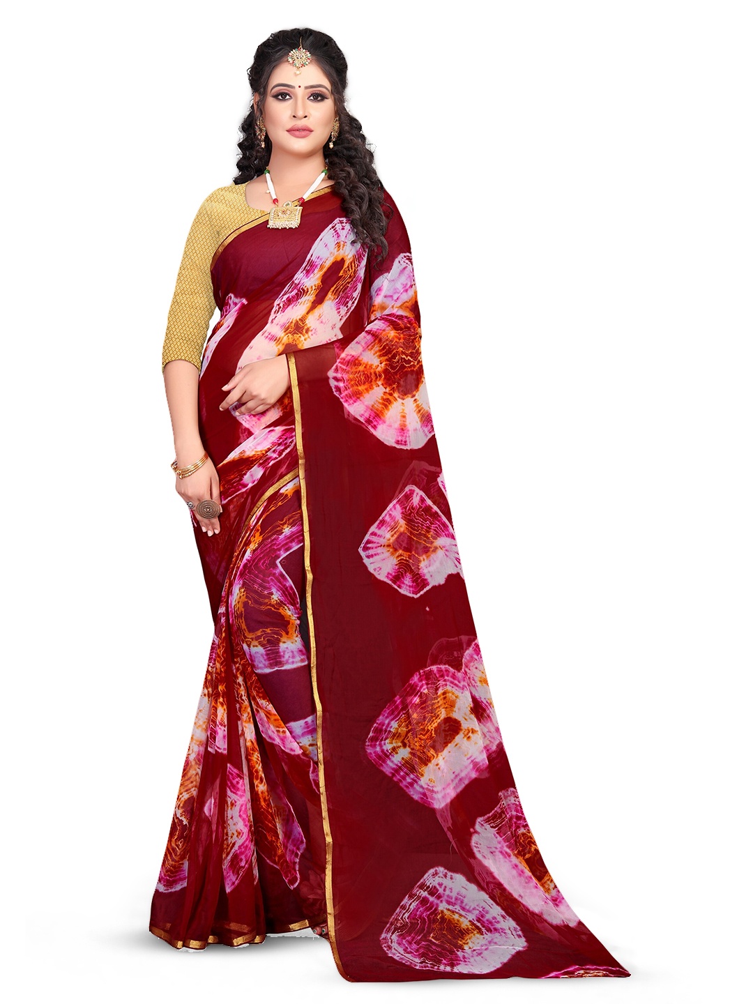 

Rhey Tie And Dye Zari Chiffon Bandhani Saree, Purple