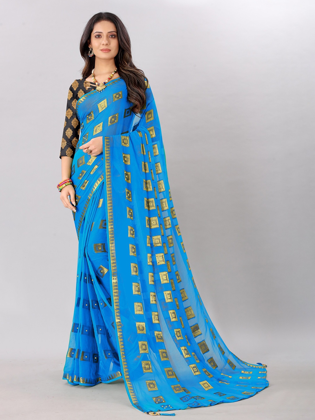 

Rhey Geometric Woven Design Beads And Stones Embellished Pure Chiffon Saree, Blue