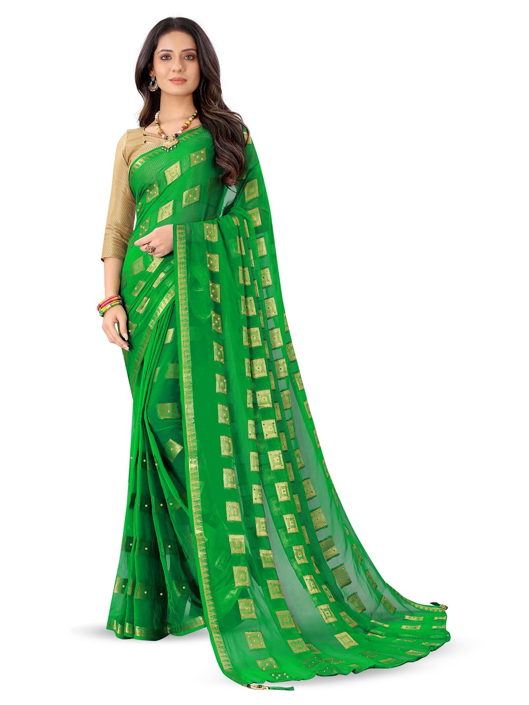 

Rhey Woven Design Beads & Stones Pure Chiffon Banarasi Saree, Green