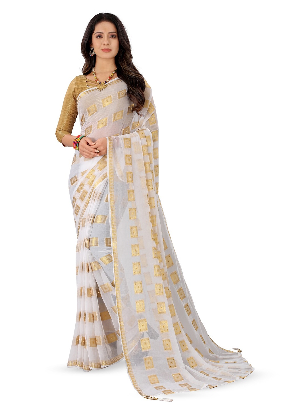 

Rhey Ethnic Motifs Woven Design Beads and Stones Pure Chiffon Banarasi Saree, White
