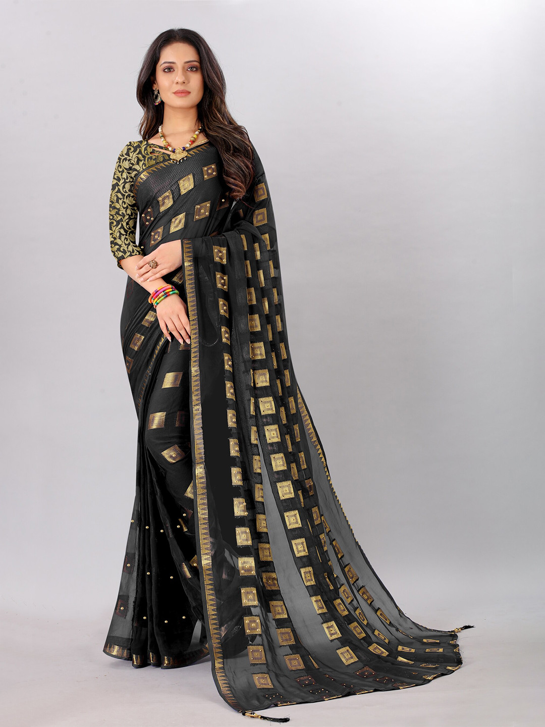 

Rhey Woven Design Beads and Stones Pure Chiffon Banarasi Saree, Black