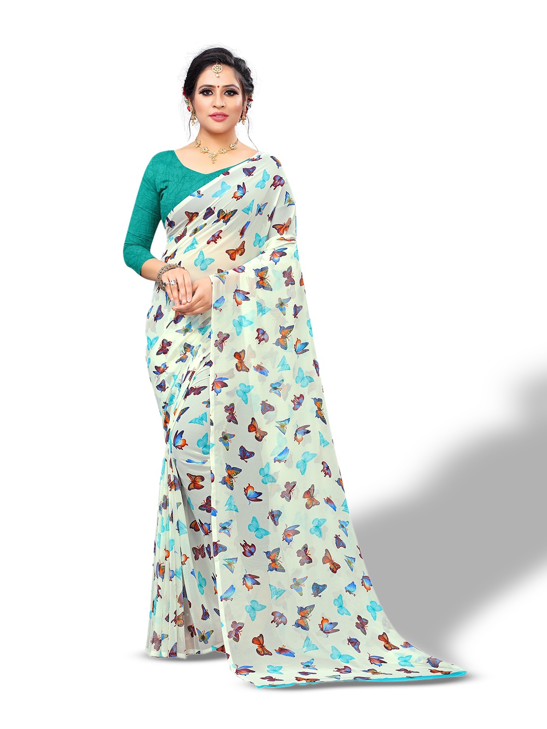 

Rhey Abstract Printed Pure Chiffon Saree, Turquoise blue