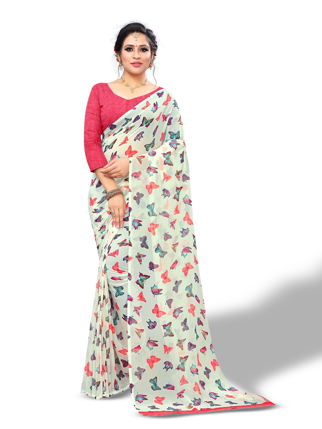 

Rhey Butterfly Abstract Printed Pure Chiffon Saree, White