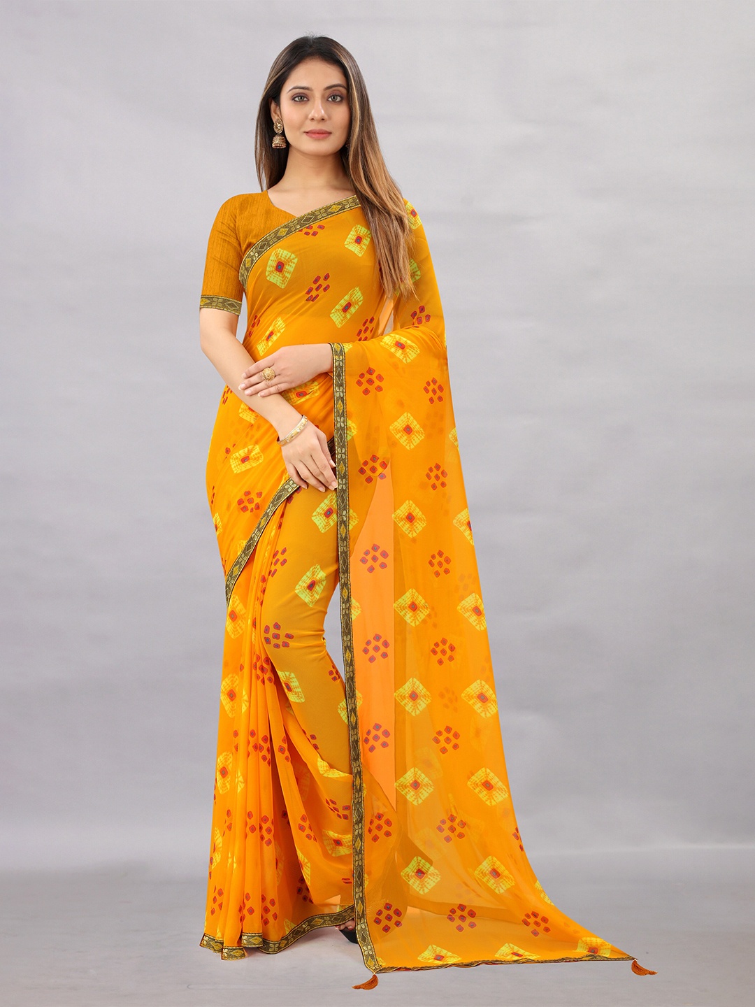 

Rhey Bandhani Printed Zari Poly Chiffon Bandhani Saree, Mustard