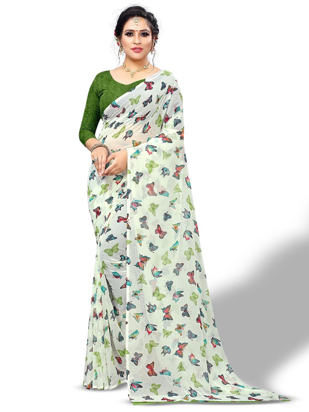 

Rhey Butterfly Printed Chiffon Saree, Green